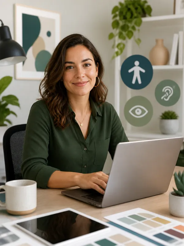 Elena Rivers, a web designer and educator, smiling while working on a laptop, representing accessible web design.