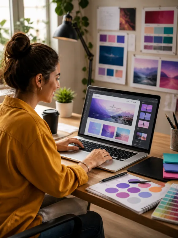 A person enthusiastically designing a website on a laptop, surrounded by creative elements like design tools and colorful mockups, reflecting the joy and simplicity of website creation without coding.