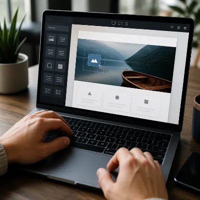 Close-up of hands working on a laptop, showing web design elements