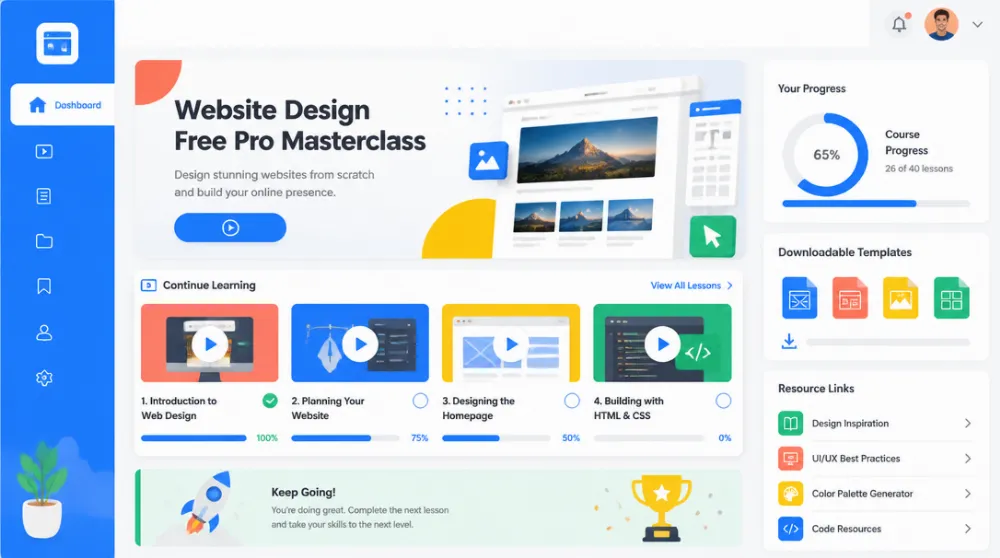 Website Design Free Pro Masterclass dashboard mockup showing tutorials and templates
