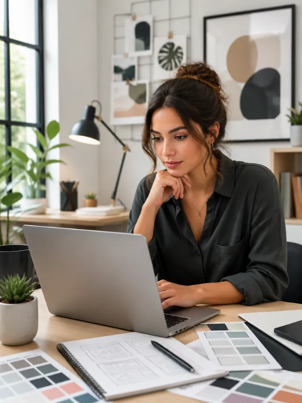 Elena Rivers, a professional web designer, looking thoughtfully at a laptop screen in a modern, well-lit workspace.
