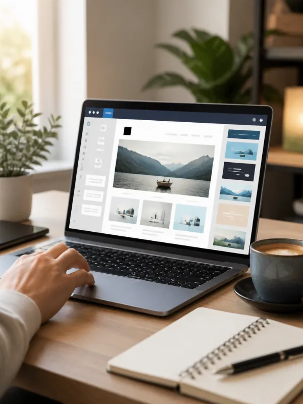 Modern workspace with laptop showing website design and coffee