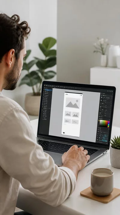 User using a laptop to design a landing page