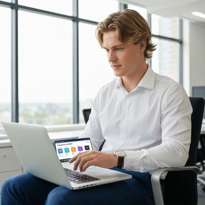 Person using a laptop to compare website builder features, with graphs and icons on screen