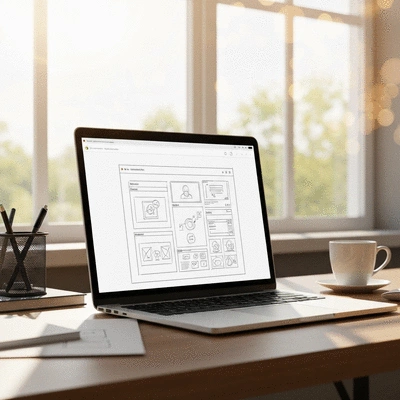 Website design concept with a laptop and sketches