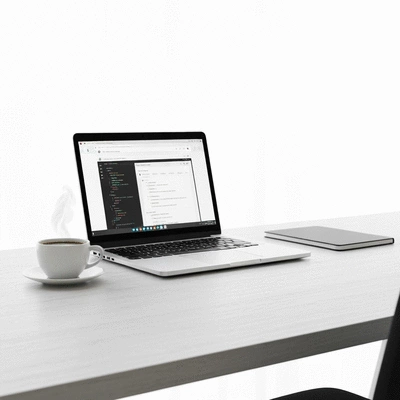 Website creation workspace with a laptop and coffee