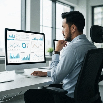 Person analyzing website analytics on a computer screen, charts and graphs visible, bright modern office