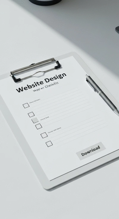 Website design checklist on a clipboard with a pen, ready for download