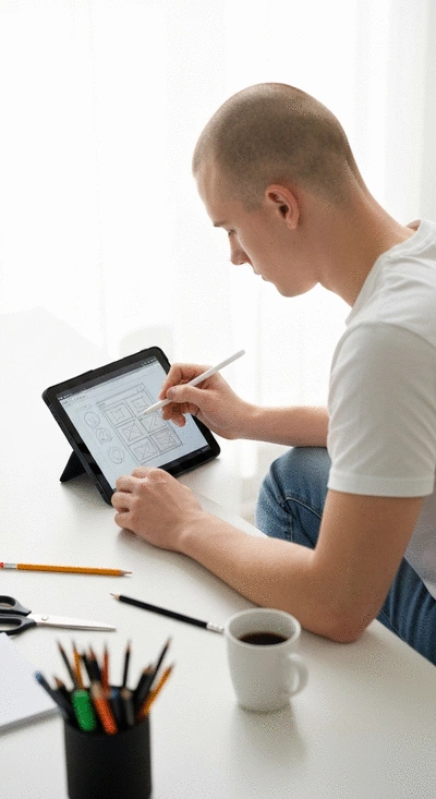 Person sketching website layout ideas with a tablet and coffee, showcasing purpose definition