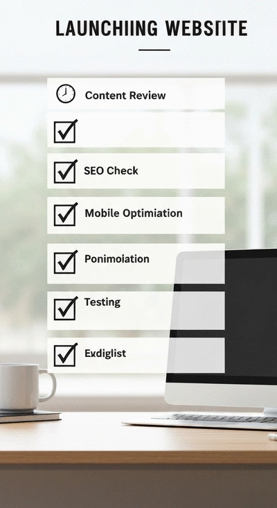 Stylized checklist for launching a website, with items like 'content review', 'SEO check', 'mobile optimization' ticked off
