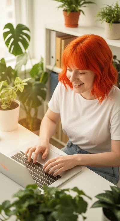 Person happily typing on a laptop, surrounded by plants and sunlight, representing creative work