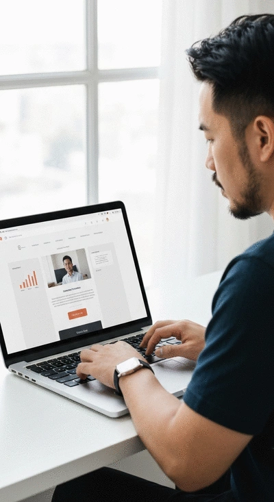 User interacting with a professional website on a laptop