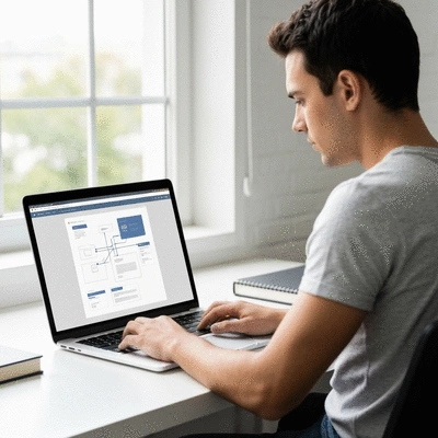 Person working on a laptop, displaying website structure or wireframe with connected elements
