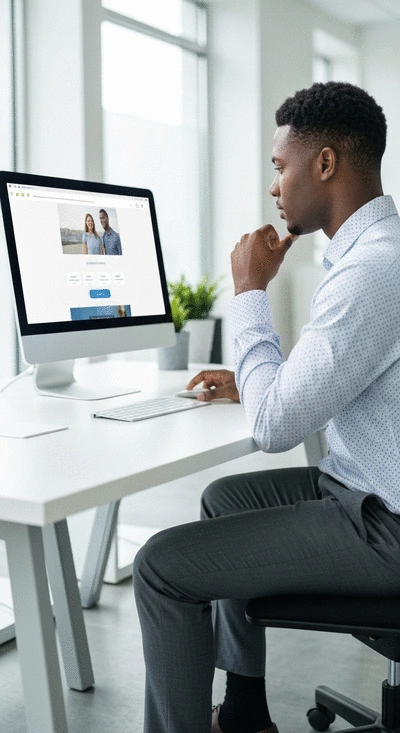 User engaging with a well-designed website on a desktop computer, showing high satisfaction, modern office environment, professional atmosphere, no text, no words, no typography, no labels, clean image