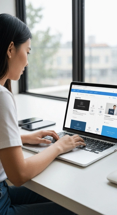 Person using a laptop to compare website builders like Carrd and Wix, with features highlighted on screen.