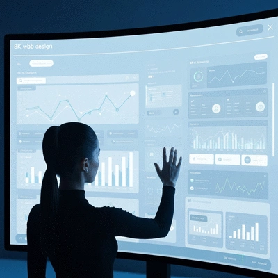 Person interacting with a futuristic web design interface on a large touch screen, showcasing AI suggestions and analytics, clean, modern