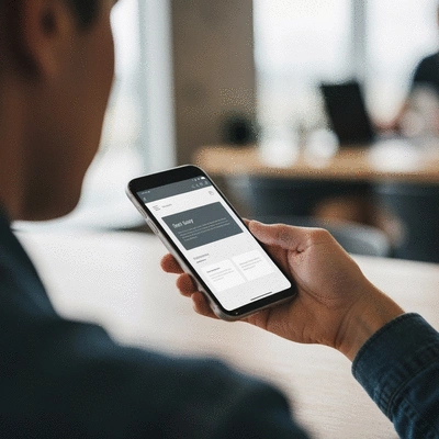 Person using a smartphone to browse a website, showing a responsive design adapting to the small screen, with a blurred background of a modern office or cafe. No text, no words, no typography, clean image.