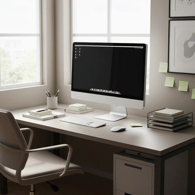 Digital workspace setup with a monitor and notes