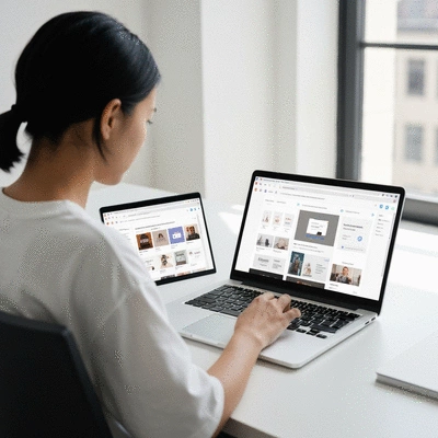 Person researching website builders on a laptop with multiple browser tabs open