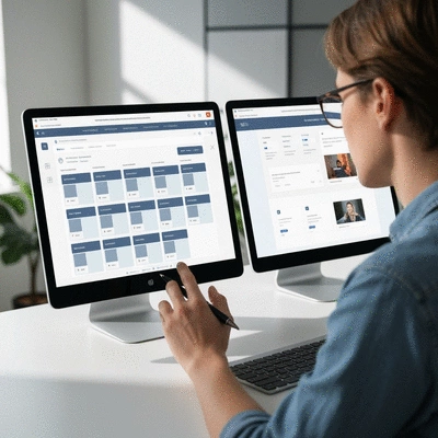 Person comparing two website builder interfaces on different screens