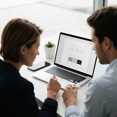 Two people looking at a laptop screen, discussing website design choices, representing collaboration and decision-making
