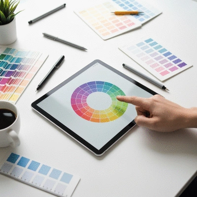Designer's hand pointing at a color wheel on a digital tablet, surrounded by color swatches and design tools