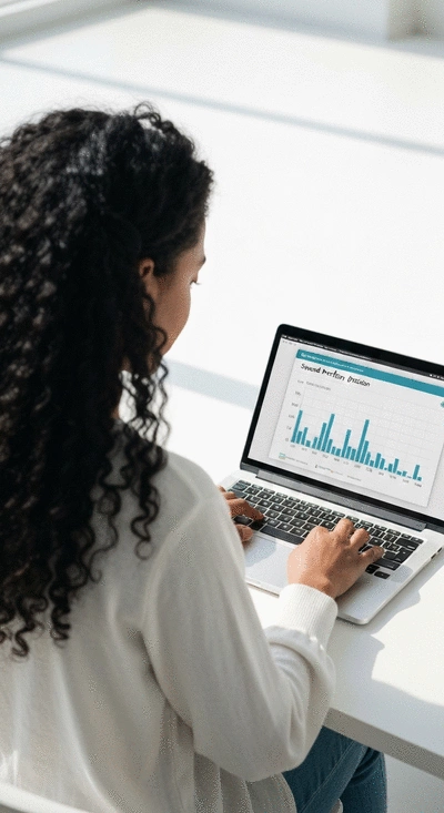 Person using a laptop with a speed-related graph on screen, illustrating website performance optimization