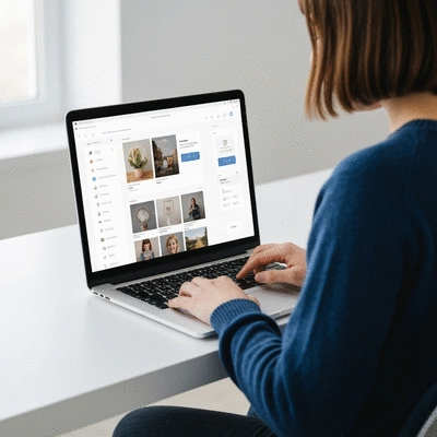 Person using a laptop with website builder interface on screen, with various website elements like text blocks, images, and buttons, clean and modern, no text, no words, no typography