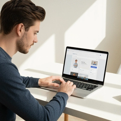 Person using a laptop with a modern website builder interface on screen, representing Wix's user-friendly nature, clean and bright environment