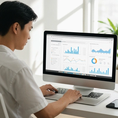 Web designer using analytics tools on a computer to monitor website performance metrics