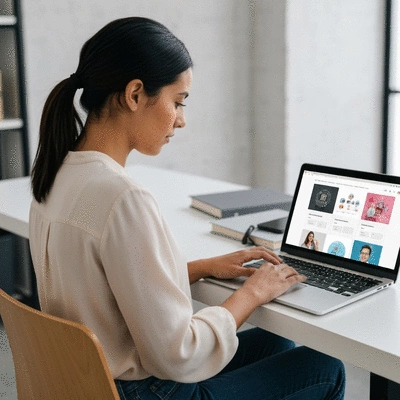 Person using a laptop with website design elements on screen, showcasing creativity and professionalism
