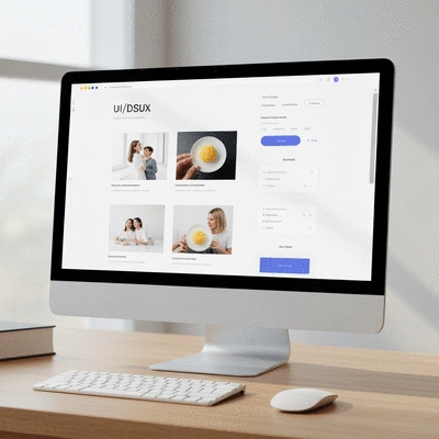 Modern desktop computer displaying website design interface with UI/UX elements, bright and clean, no text, no words, no typography