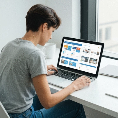 Person using a laptop to compare features of different website builders, with charts and graphs visible on screen