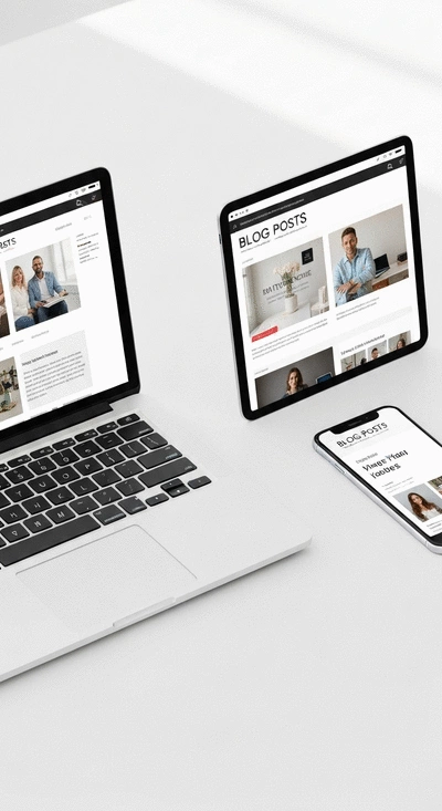 Blog posts displayed on various devices: laptop, tablet, smartphone, illustrating multi-platform reach