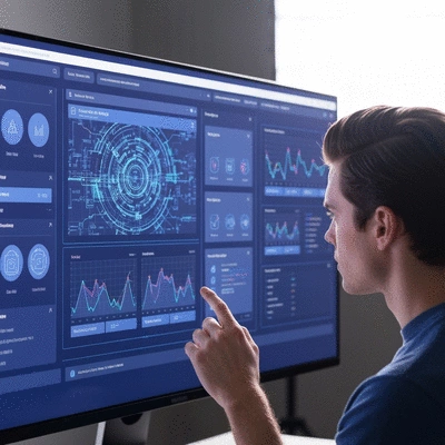 AI-powered interface displaying website design elements and data analytics, futuristic, clean