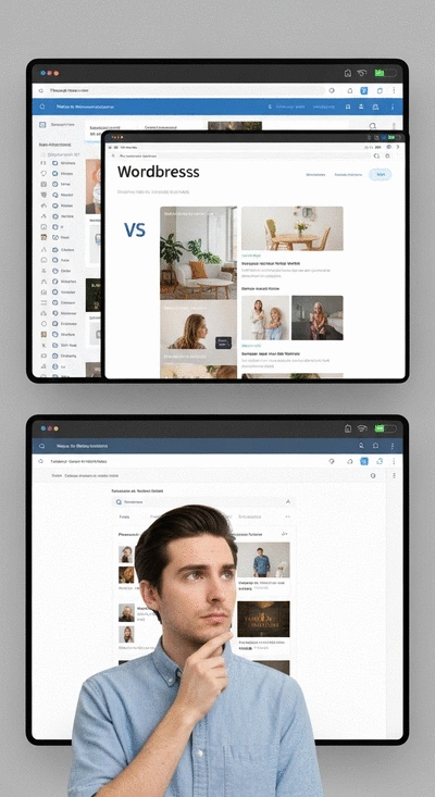 Person choosing between two website platforms on a split screen, representing WordPress and Wix