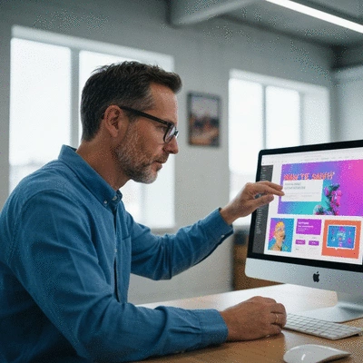 Web designer working on a colorful website layout on a laptop, showing various color palettes and design elements