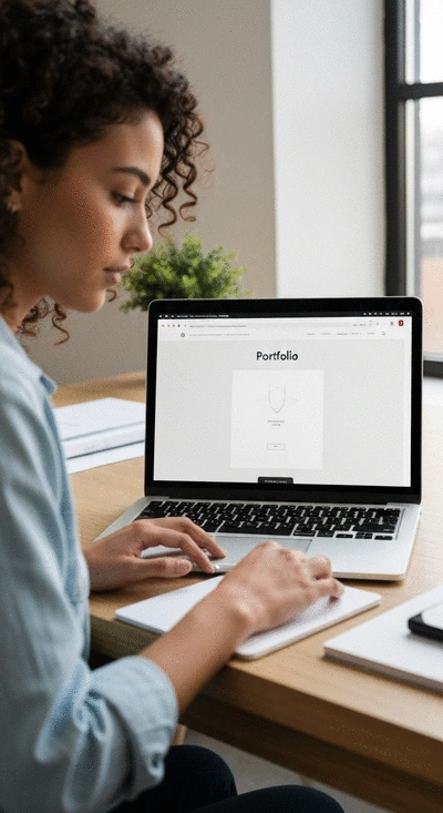 Web designer working on a laptop with a portfolio website on screen