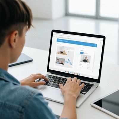 Person using a drag-and-drop website builder on a laptop, showing ease of use