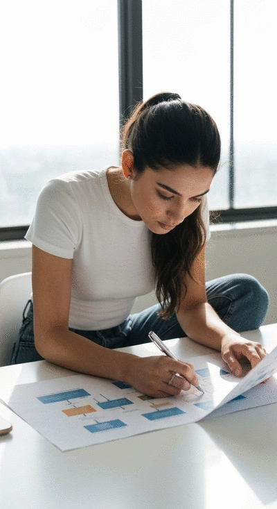Person studying a flowchart to align website goals with platform features for a new website project.